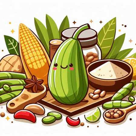 Healthy food vector illustration. Cucumber, corn, soybeans, oatmeal, milk, salt, pepper.のイラスト素材