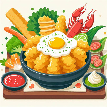 Illustration of a bowl of udon noodles with fried egg and vegetablesのイラスト素材