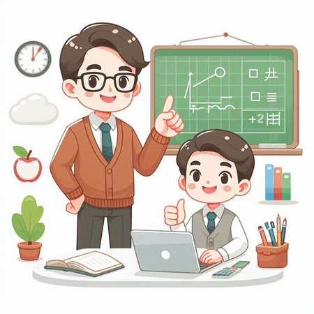 Teacher and student with laptop. Education concept. Vector illustration.のイラスト素材