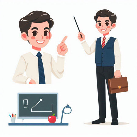 Young businessman and teacher in office. Vector illustration in cartoon style.のイラスト素材
