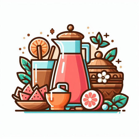 Coffee and tea set. Vector illustration in flat style.のイラスト素材