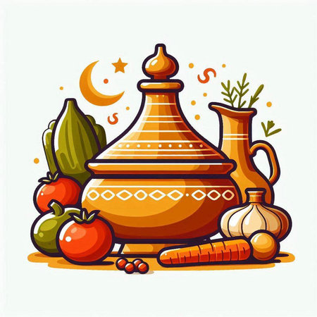 Vector illustration of traditional earthenware pot with vegetables and herbs.のイラスト素材