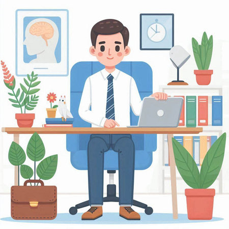 Businessman sitting on chair and working on laptop in office. Vector illustration.のイラスト素材