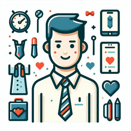Businessman in a business suit with a set of icons. Vector illustrationのイラスト素材