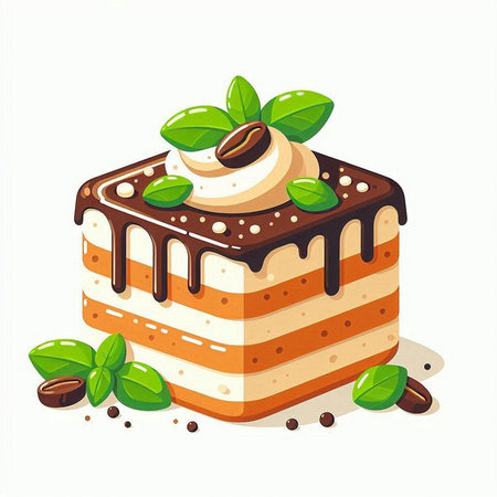 Piece of cake with cream and coffee beans on a white backgroundのイラスト素材
