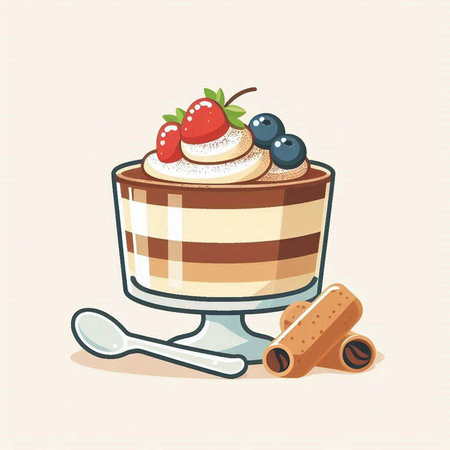 Vector illustration of a cupcake with whipped cream, strawberries, blueberries and cinnamon.のイラスト素材