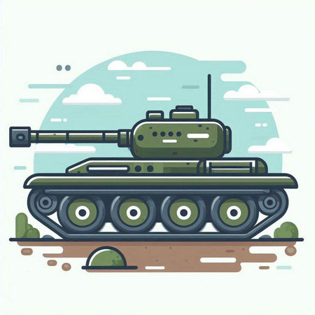 Cartoon vector illustration of a tank on the ground in flat style.のイラスト素材
