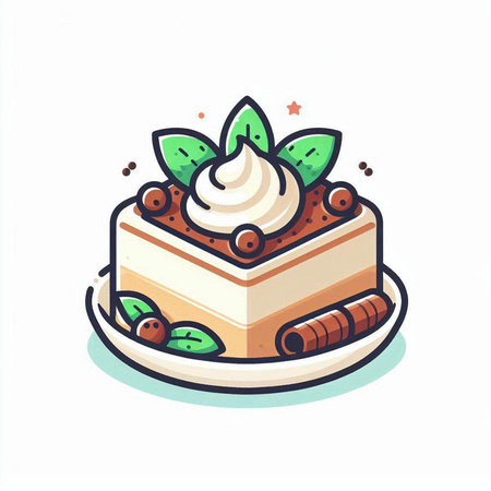 Piece of cake with whipped cream and mint leaves. Vector illustration.のイラスト素材