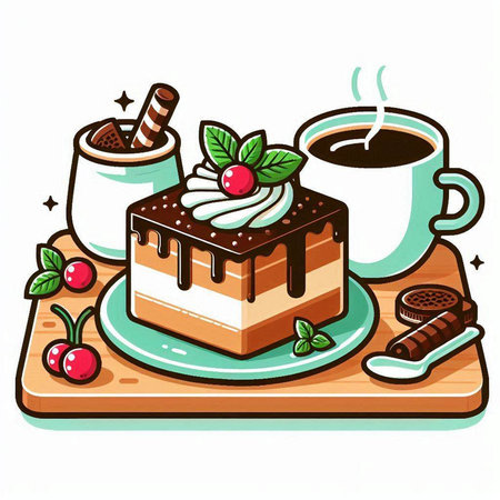 Vector illustration of a piece of cake on a plate with a cup of coffeeのイラスト素材