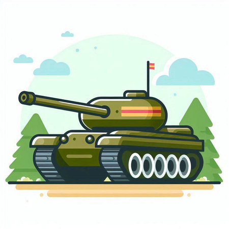 Cartoon tank with a red flag. Vector illustration on a white background.のイラスト素材