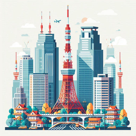 Tokyo skyline with famous landmark. Vector illustration in flat style.のイラスト素材