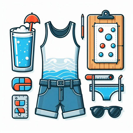 Set of summer beach objects. Vector illustration in doodle style.のイラスト素材