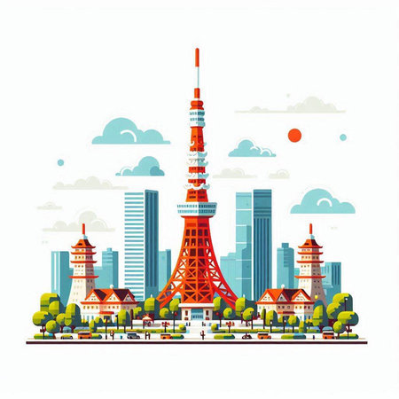 Tokyo skyline with famous landmarks. Vector illustration in flat style.のイラスト素材