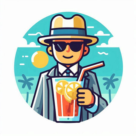 Cocktail party. Vector illustration of a man in a hat and sunglasses with a glass of cocktail.のイラスト素材
