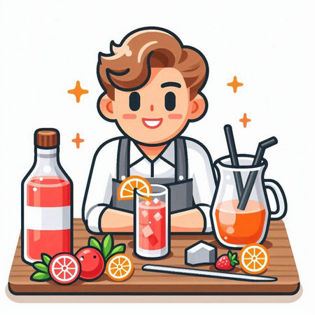 Barman with a glass of juice and fruits. Vector illustration.のイラスト素材
