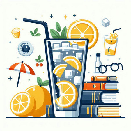 Cocktail with lemon, ice cubes and books. Vector illustrationのイラスト素材