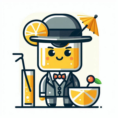 Cute cartoon bartender character with a glass of orange juice. Vector illustration.のイラスト素材