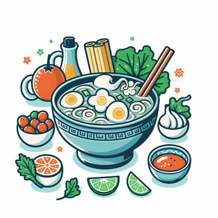 Noodles in bowl with chopsticks and vegetables. Vector illustration.のイラスト素材