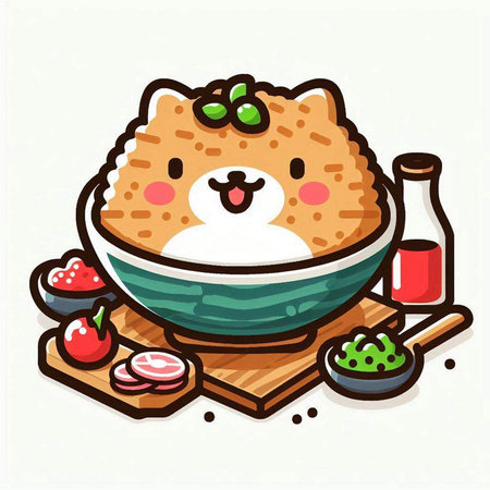 Cute cat in bowl of rice. Japanese food. Vector illustration.のイラスト素材