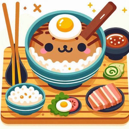 Illustration of a bowl of rice with an egg and chopsticksのイラスト素材