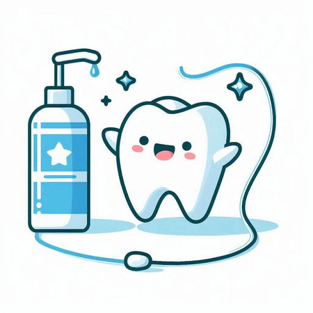 tooth with toothbrush and shampoo on white background. vector illustrationのイラスト素材