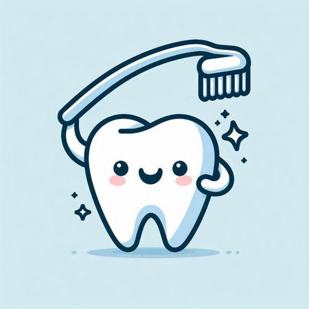 Cute cartoon tooth character with toothbrush on blue background. Vector illustration.のイラスト素材