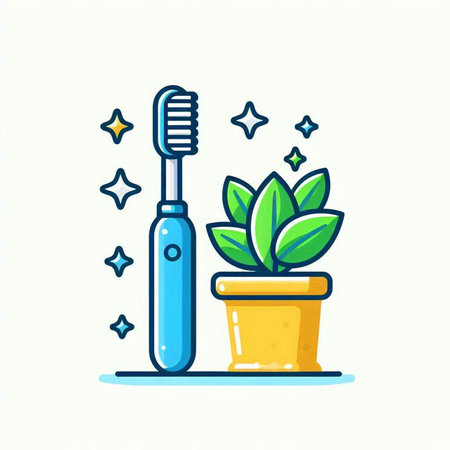 Vector illustration of toothbrush with toothpaste and plant in pot.のイラスト素材