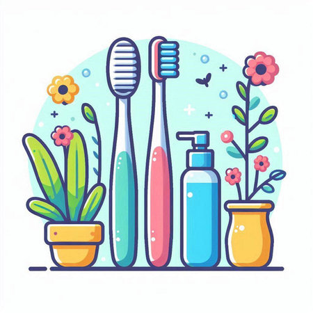 Toothbrushes, toothpaste, shampoo, gel and flowers in pots. Vector flat illustrationのイラスト素材