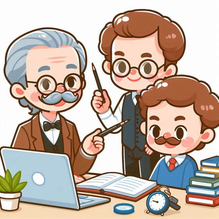 Grandfather and Grandson Working at the Office. Vector Illustrationのイラスト素材