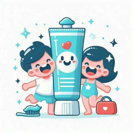 Cute cartoon girl and boy with toothpaste. Vector illustration.のイラスト素材