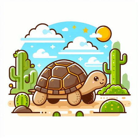 Cute cartoon tortoise in desert with cactus. Vector illustrationのイラスト素材