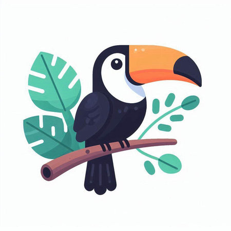 Toucan sitting on a branch with leaves. Vector illustration.のイラスト素材