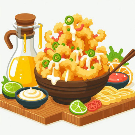 Illustration of a bowl of fried noodles with mayonnaise and limeのイラスト素材
