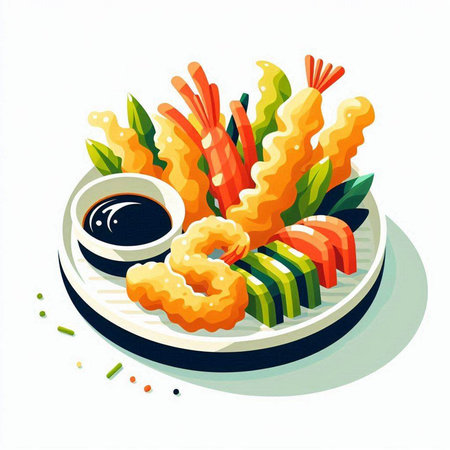 Illustration of japanese food tempura with wasabi and soy sauceのイラスト素材
