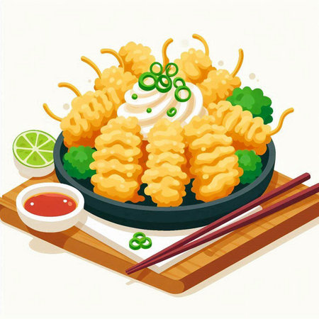 Illustration of fried tempura with wasabi sauce and chopsticksのイラスト素材