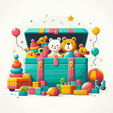 Vector illustration of a childrens box with toys. Flat style.のイラスト素材