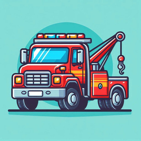 Vector illustration of a red fire truck isolated on a blue background.のイラスト素材