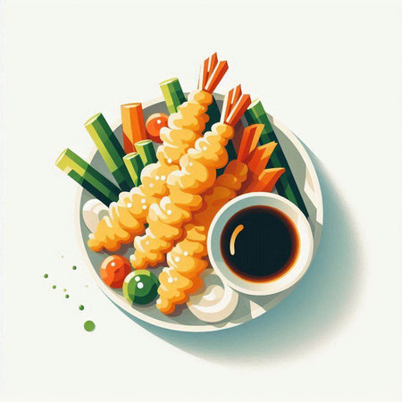 Illustration of Shrimps and Vegetables with Soy Sauce.のイラスト素材