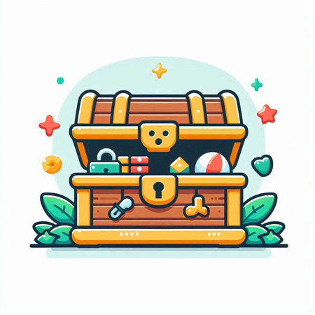 Wooden treasure chest filled with treasures. Vector illustration in cartoon style.のイラスト素材