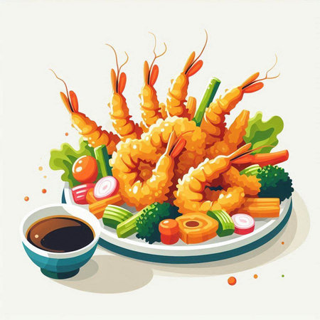 Illustration of fried shrimps with soy sauce and vegetables.のイラスト素材
