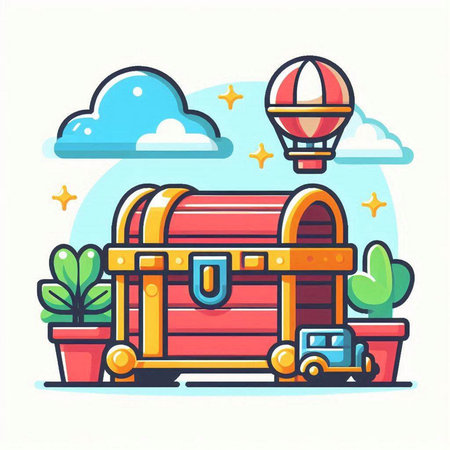 Treasure chest and car. Vector illustration in a flat style.のイラスト素材
