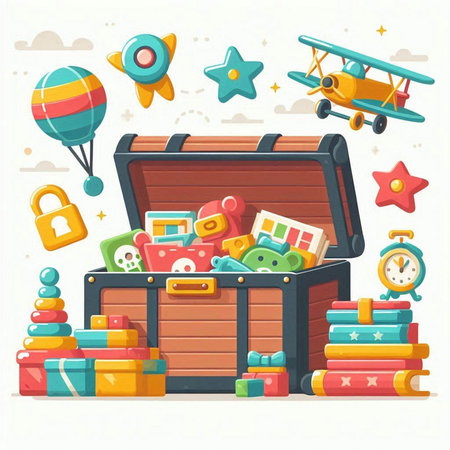Wooden suitcase with toys. Vector illustration in flat cartoon style.のイラスト素材