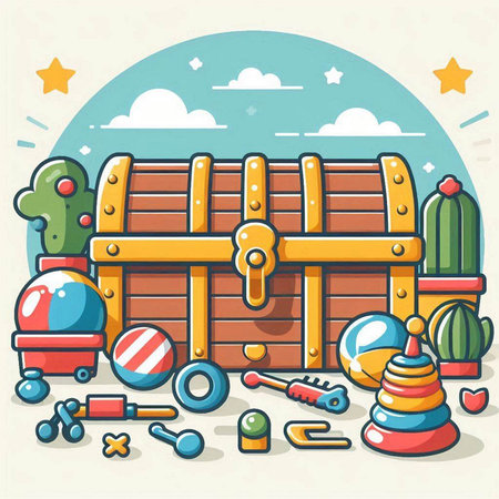 Vector illustration of a treasure chest on a background of children's toys.のイラスト素材
