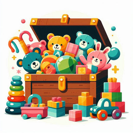 Children's toys in a wooden box. Vector illustration. Cartoon style.のイラスト素材