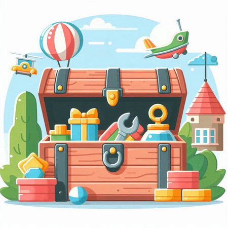Wooden chest with different toys. Vector illustration in cartoon style.のイラスト素材
