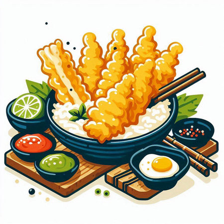 Illustration of tempura tempura with rice, fried egg and vegetablesのイラスト素材