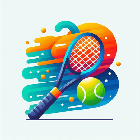 Tennis racket and ball on colorful background. Vector illustration in flat style.のイラスト素材