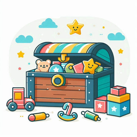 Treasure chest with toys. Vector illustration in doodle style.のイラスト素材