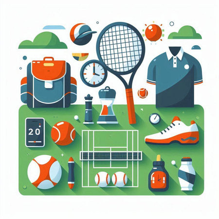 Tennis flat icons set. Collection of sport equipment. Vector illustrationのイラスト素材