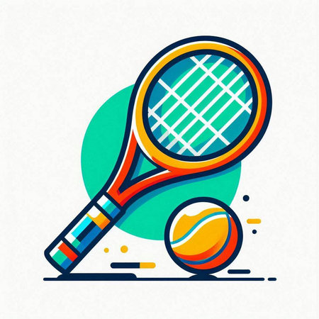 Tennis racket and ball icon. Vector illustration in flat style.のイラスト素材